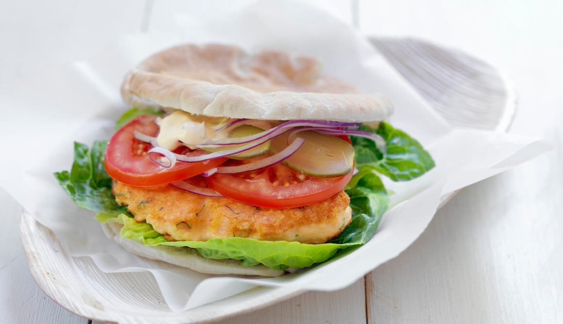 Norwegian Salmon Burger in Pita with Salad