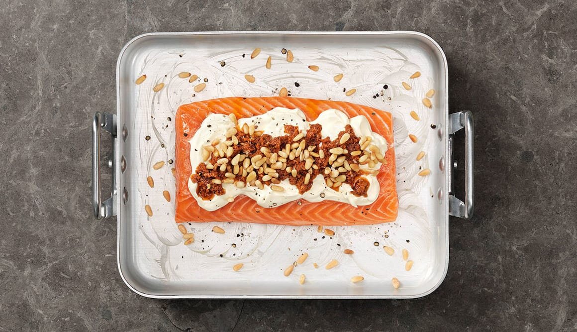 Norwegian Salmon with Pesto, Crème Fraîche and Pine Nuts