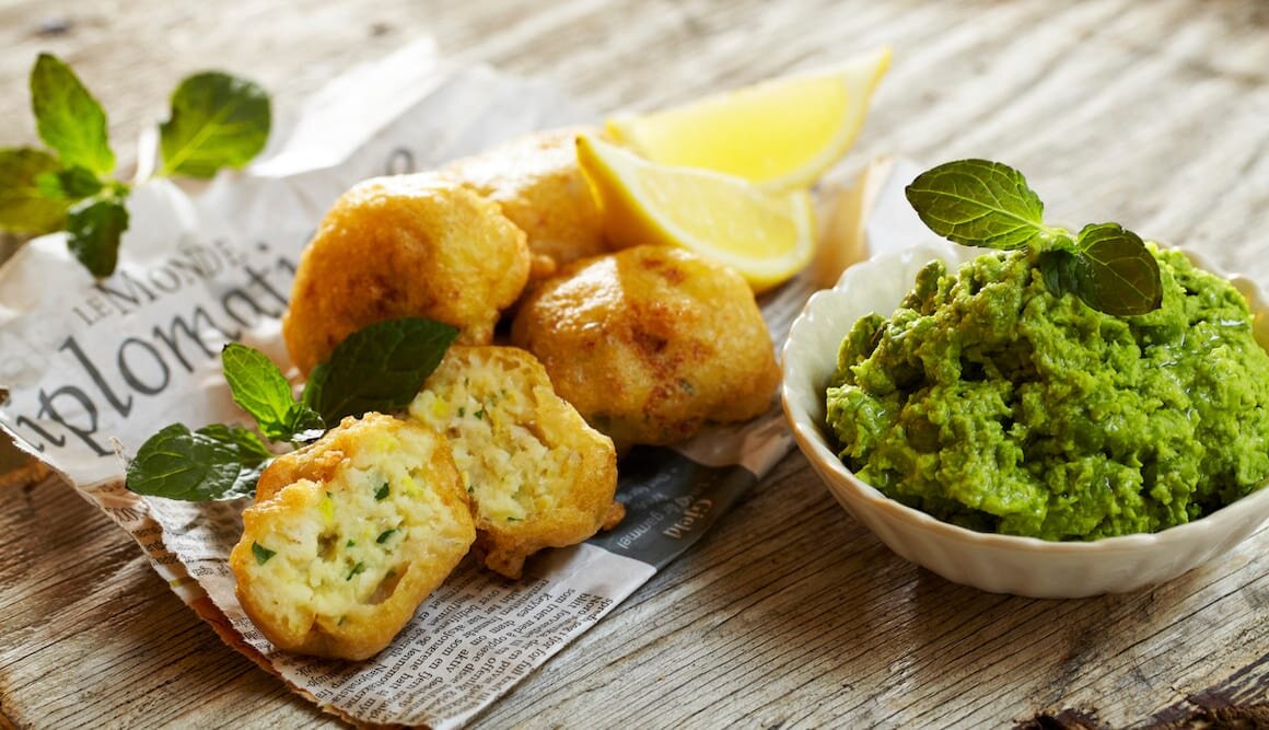 Deep Fried Norwegian Cod Patties with Pea Purée