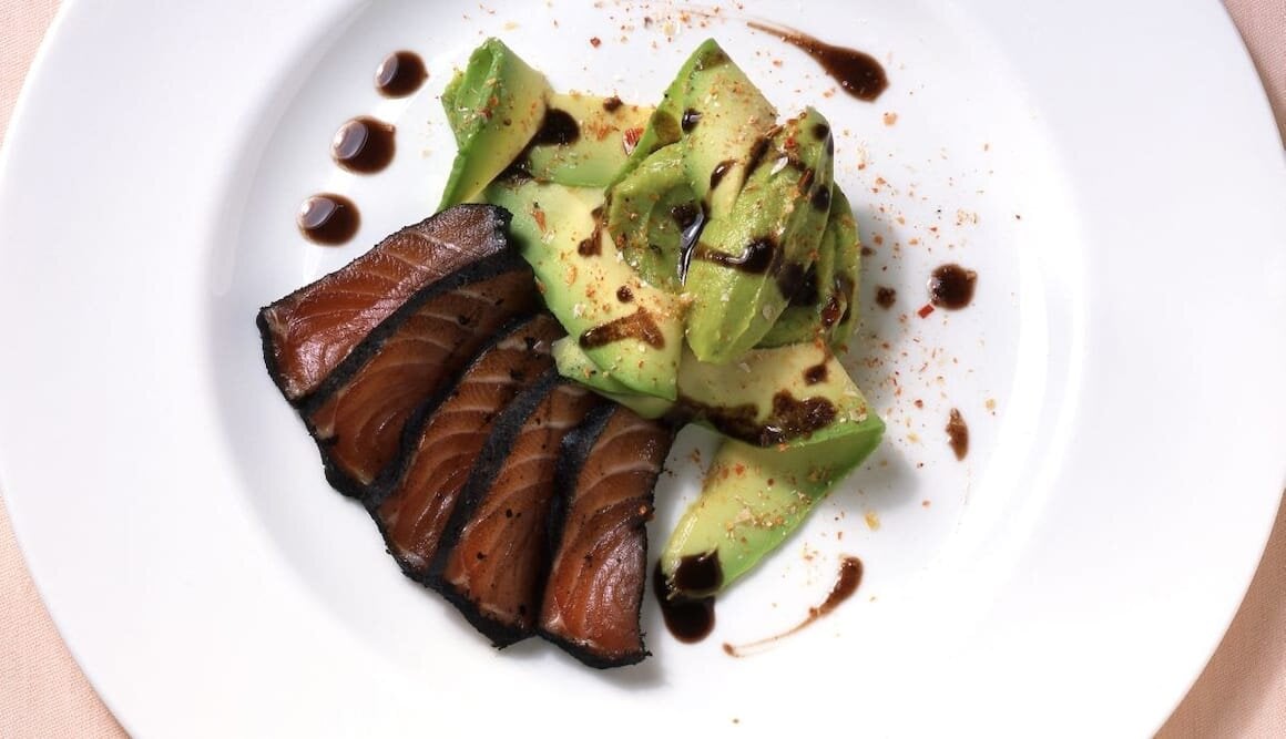 Norwegian Salmon Marinated in Black Olives with Spicy Avocado