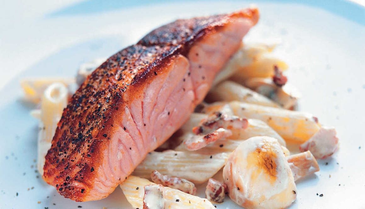 Pepper Seared Norwegian Salmon with Mushroom Penne
