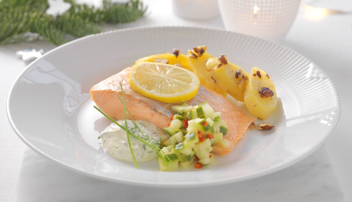 Poached Norwegian Salmon with Cucumber Salad and Horseradish cream