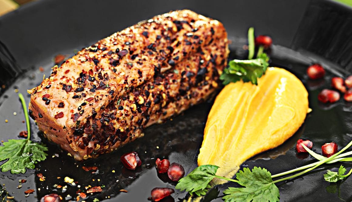 Caribbean Spiced Norwegian Salmon with Sweet Potato and Garlic