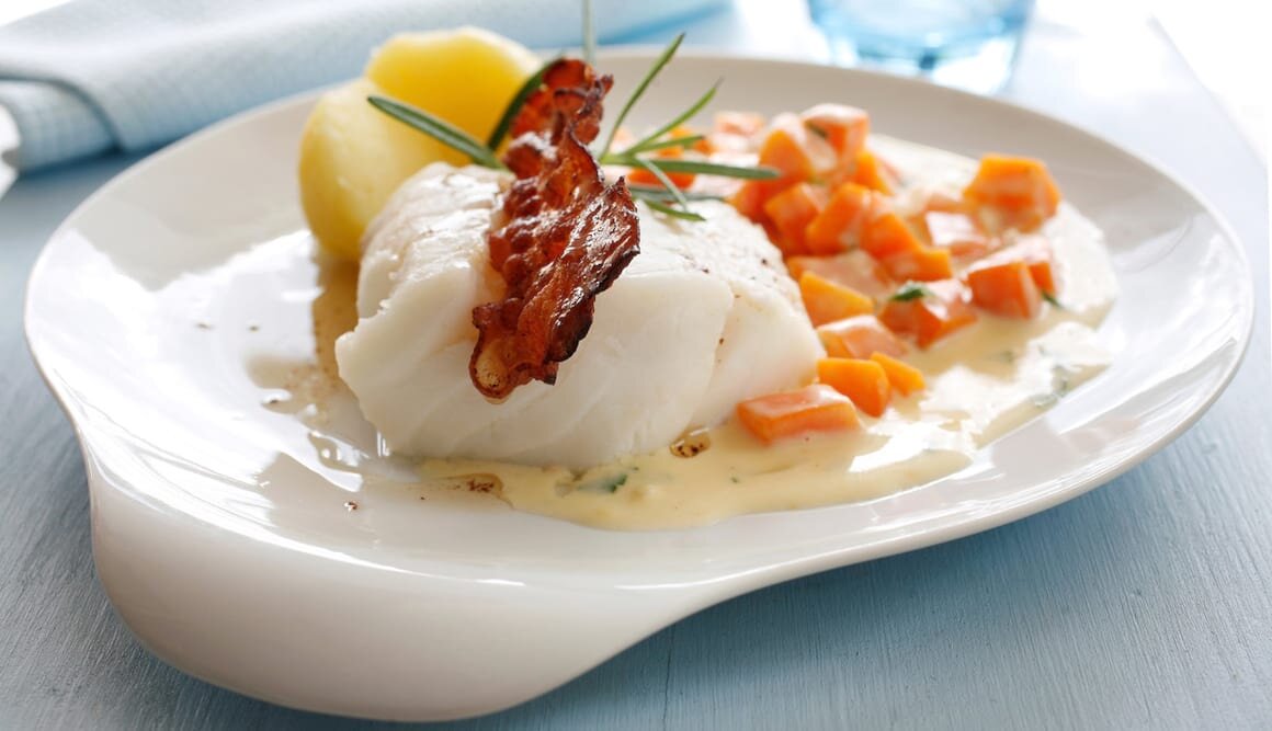 Poached Norwegian Cod with Carrot Stew and Bacon