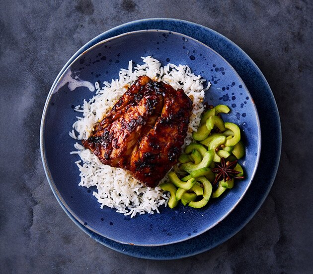 Norwegian cod with steamed rice and pickled cucumber