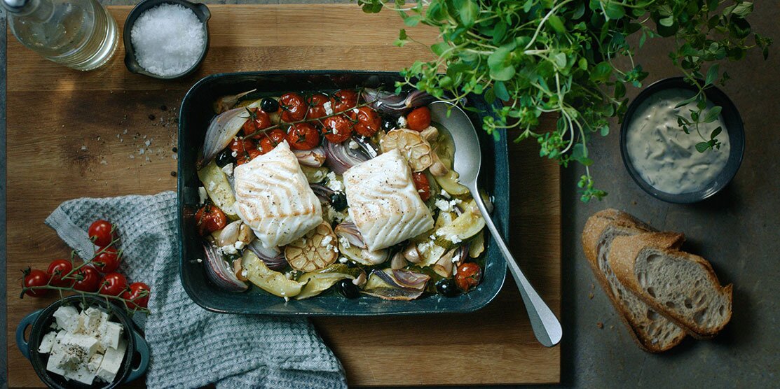 Norwegian cod with Greek flavors