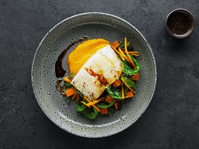 Pan-fried Norwegian cod with pumpkin and brussels sprouts