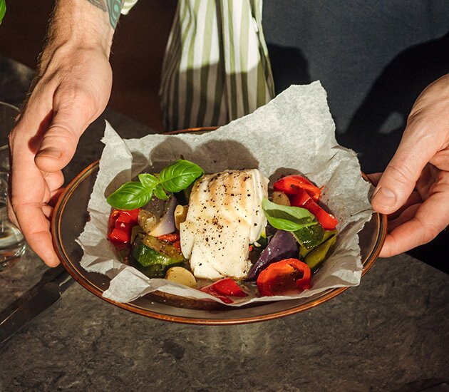 Norwegian cod with oven-baked vegetables