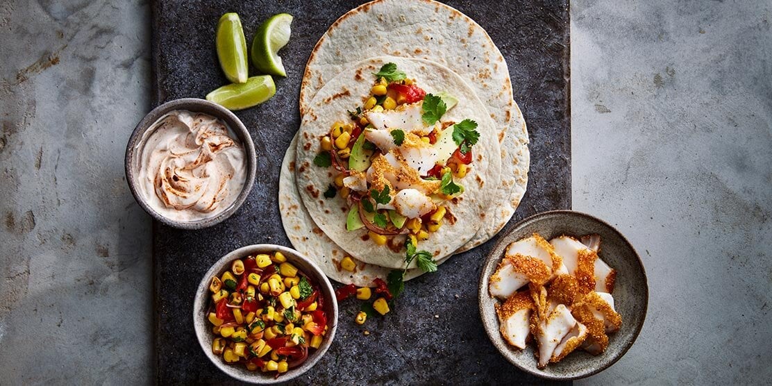 Spiced haddock tacos with chipotle corn relish