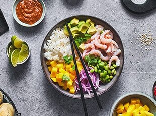 Poke Bowl with Prawns and Peanut Dressing