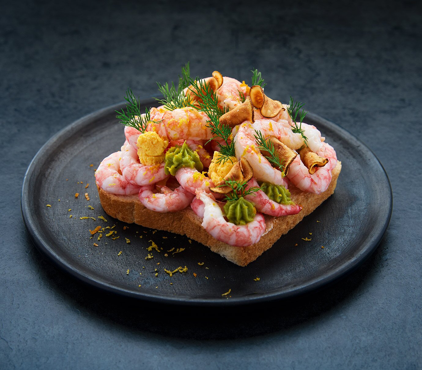 Norwegian prawns and langoustine on white bread