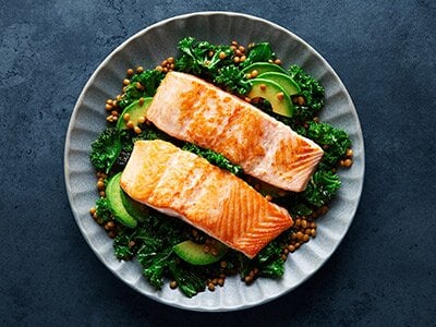 Seared Norwegian salmon with kale and lentils